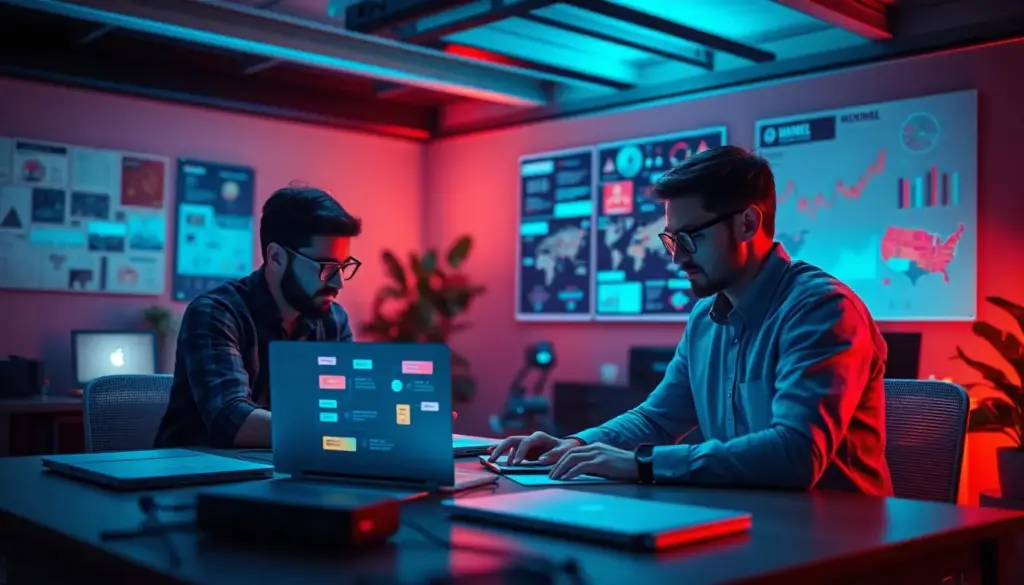 Espace de travail dynamique avec membres de l'équipe collaborant sur des infographies à l'aide d'outils d'IA.