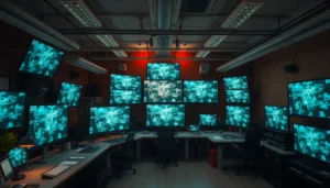 Espace de travail dynamique avec des écrans montrant du contenu généré par IA, illustrant les avancées des outils en 2025.