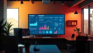 Espace de travail moderne affichant une infographie numérique, illustrant l'utilisation des outils comme Venngage, Canva et Nation AI.