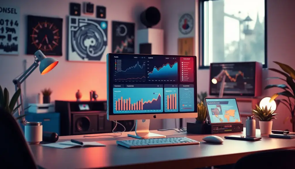 Espace de travail animé avec divers outils d'IA pour le marketing de contenu, mettant en avant l'importance de l'optimisation.
