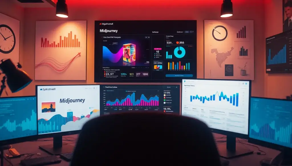 Espace de travail en marketing digital avec interfaces de MidJourney et Canva, illustrant l'intégration de l'IA dans les stratégies marketing.