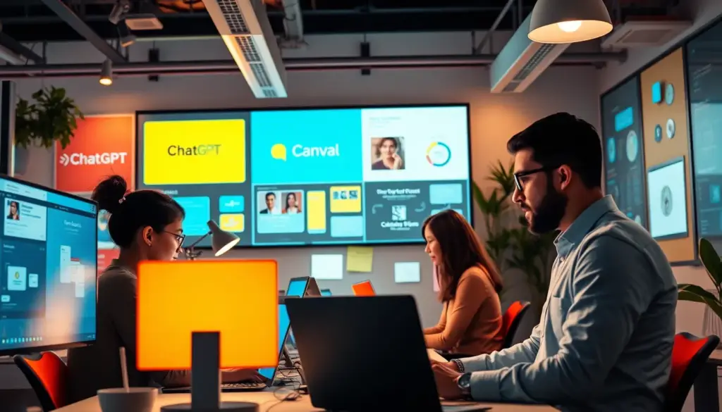 Espace de travail numérique dynamique avec des outils IA, illustrant l'optimisation des campagnes marketing par Maison Kenzoshiro.