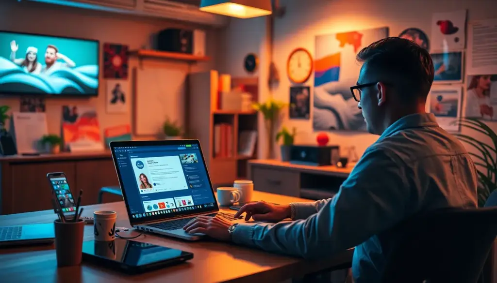 Espace de travail moderne avec un professionnel utilisant ChatGPT sur un ordinateur pour créer du contenu pour les réseaux sociaux.