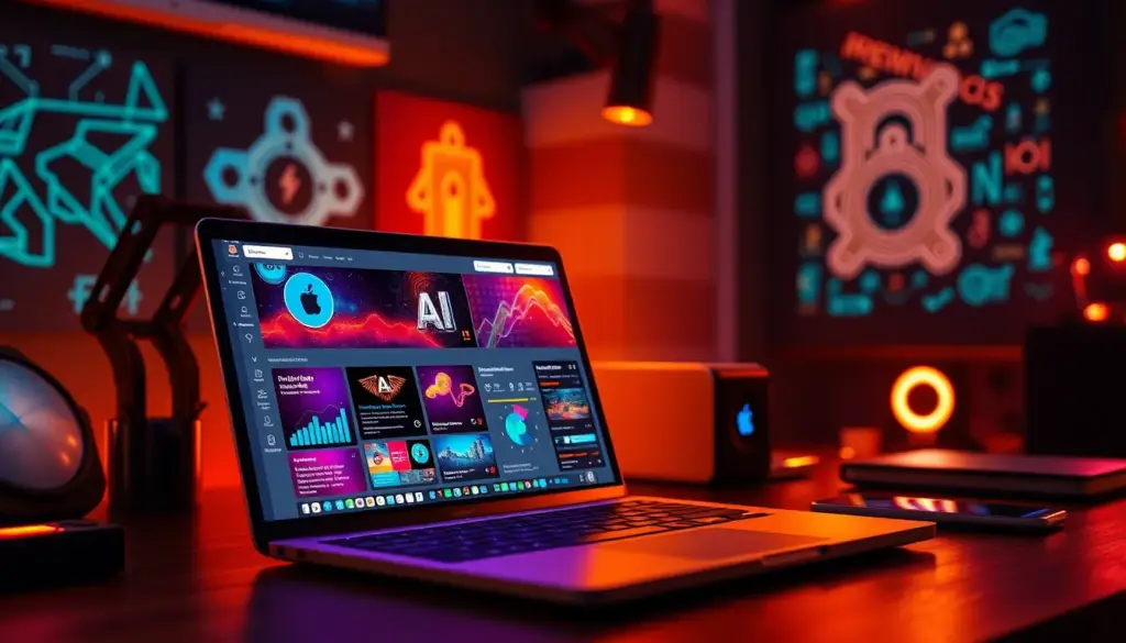 Espace de travail marketing digital avec ordinateur affichant des outils IA, illustrant l'impact de l'IA dans la création de contenu.