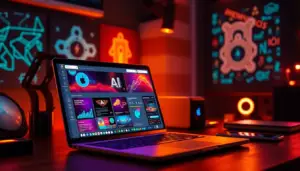 Espace de travail marketing digital avec ordinateur affichant des outils IA, illustrant l'impact de l'IA dans la création de contenu.