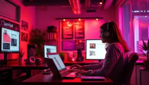 Espace de travail moderne mettant en avant des outils de rédaction IA, illustrant l'évolution de la création de contenu numérique.