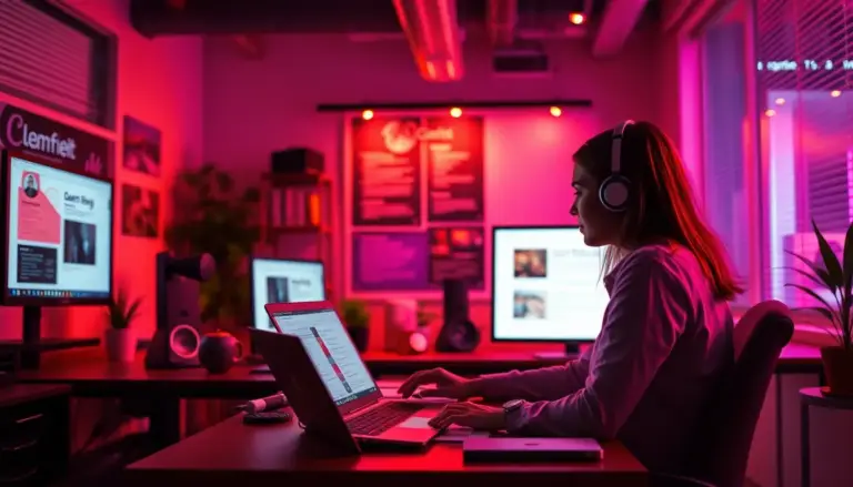 Espace de travail moderne mettant en avant des outils de rédaction IA, illustrant l'évolution de la création de contenu numérique.