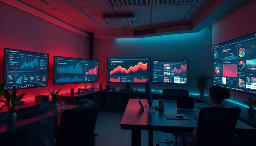 Espace de travail moderne avec outils IA pour l'automatisation des réseaux sociaux, affichant des analyses et des idées de contenu.
