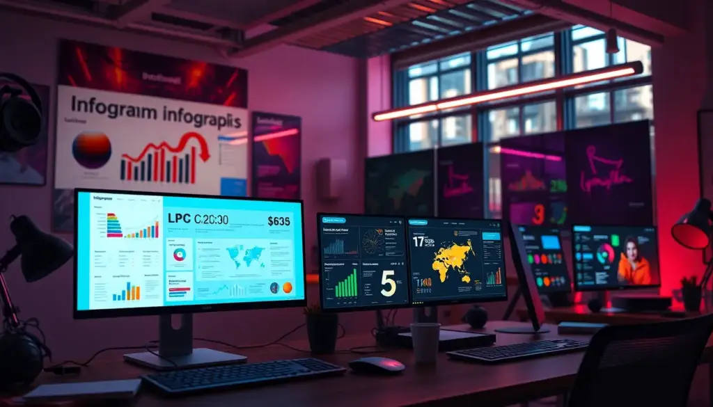 Espace de travail numérique montrant des interfaces d'Infogram, Canva et Lumen5 pour la création d'infographies.