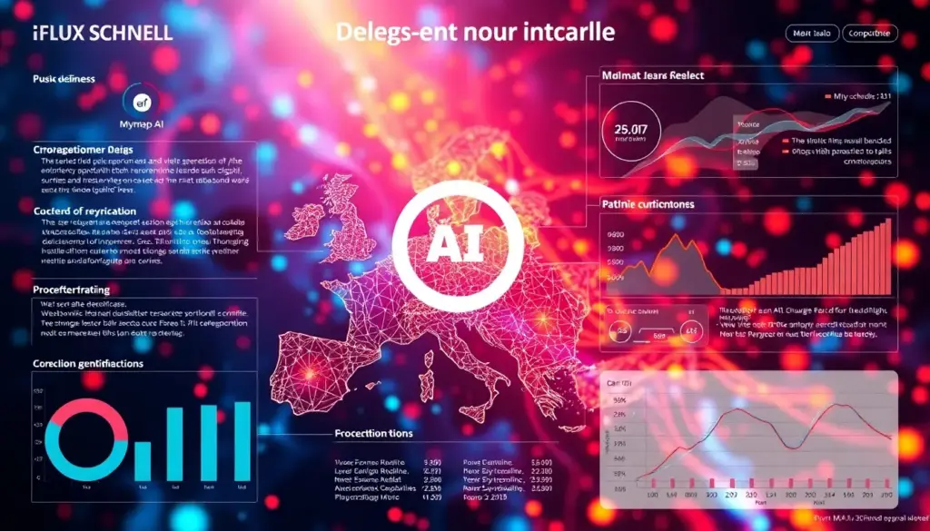 Infographie colorée illustrant l'utilisation d'outils IA comme MyMap.AI et Canva pour la création visuelle.