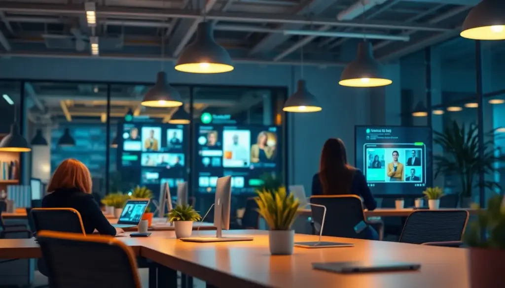 Paysage de marketing digital avec outils d'IA ChatGPT et DALL-E, illustrant des campagnes publicitaires personnalisées dans un bureau moderne.