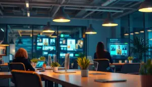 Paysage de marketing digital avec outils d'IA ChatGPT et DALL-E, illustrant des campagnes publicitaires personnalisées dans un bureau moderne.