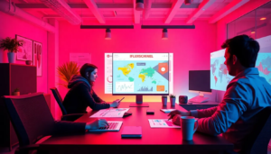 Scène de création d'infographies utilisant MidJourney et Canva, illustrant la collaboration des designers dans un environnement moderne.