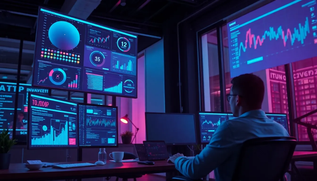 Scène de marketing digital avec des outils IA analysant des données sur des écrans dans un bureau moderne.