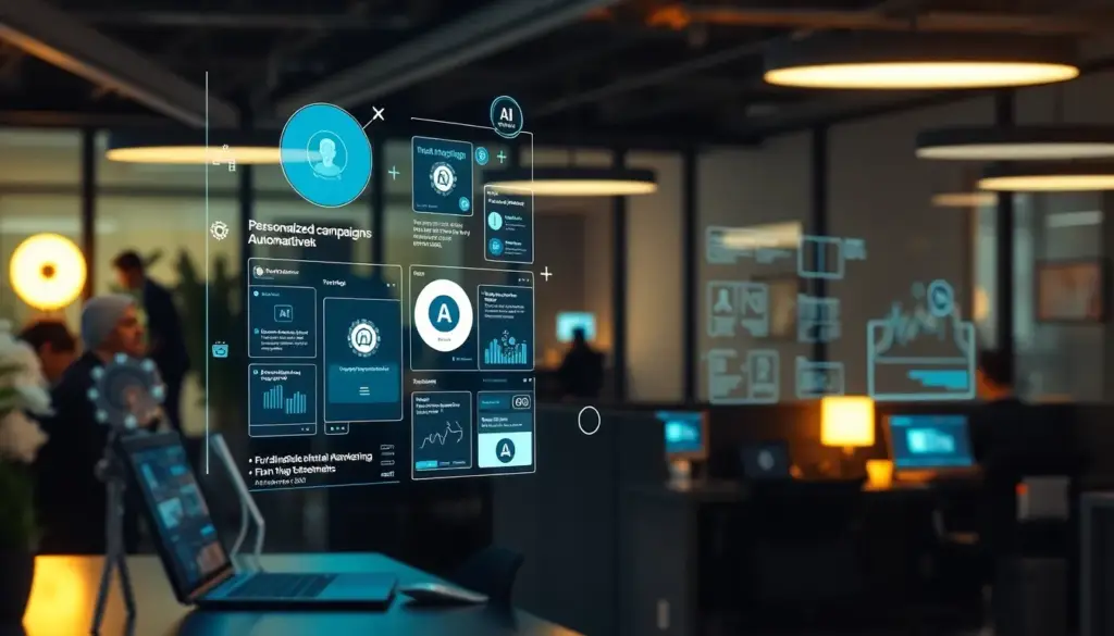 Scène de marketing digital avec éléments d'IA, illustrant la personnalisation et l'automatisation dans un bureau moderne.
