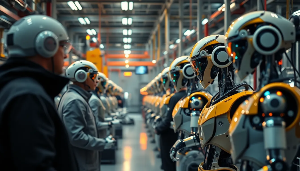 Usine moderne avec robots collaboratifs travaillant avec des employés, illustrant l'intégration de l'IA dans l'automatisation des tâches.