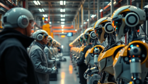 Usine moderne avec robots collaboratifs travaillant avec des employés, illustrant l'intégration de l'IA dans l'automatisation des tâches.