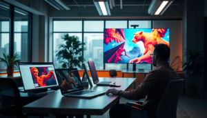 Bureau dynamique avec une personne utilisant ChatGPT sur un ordinateur, DALL-E affichant des images vibrantes, illustrant la puissance de l'IA dans la création de contenu.