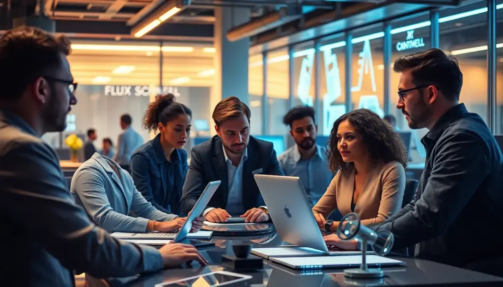 Bureau futuriste avec des professionnels utilisant des outils d'IA pour l'automatisation, illustrant l'augmentation de la productivité grâce à la technologie.