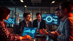 Équipe marketing analysant des données avec des algorithmes d'IA sur des écrans dans un bureau moderne.