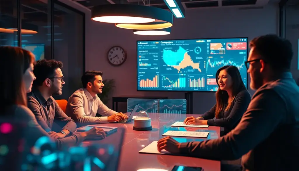 Équipe marketing moderne analysant des données de campagne IA, illustrant l'impact de l'intelligence artificielle sur le marketing digital.