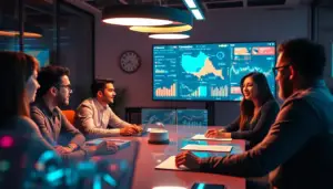 Équipe marketing moderne analysant des données de campagne IA, illustrant l'impact de l'intelligence artificielle sur le marketing digital.