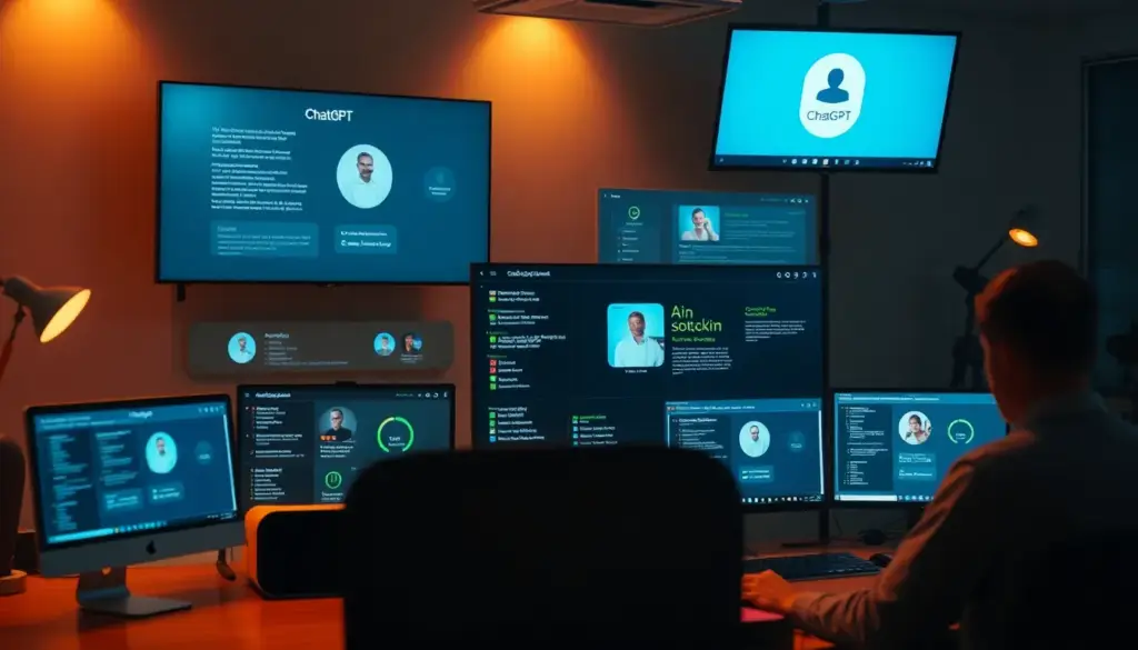 Bureau professionnel avec assistants IA sur écrans, illustrant l'intégration technologique pour améliorer la productivité.