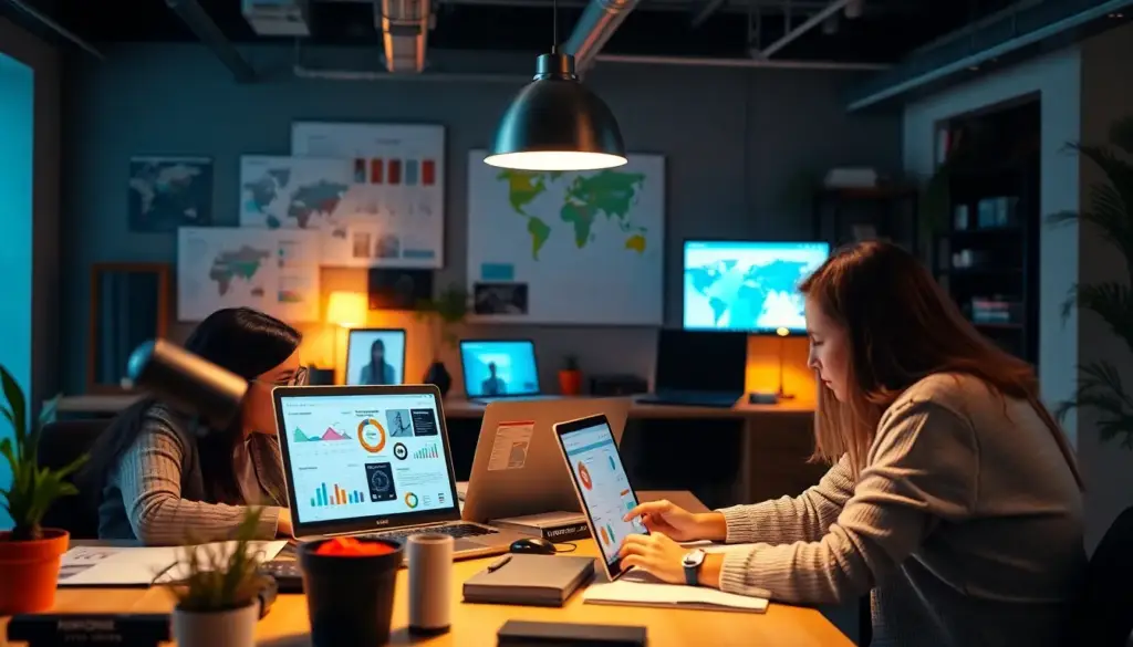 Espace de travail dynamique avec des designers utilisant des outils IA pour créer des infographies, illustrant l'importance de l'innovation.