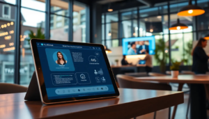 Espace de travail moderne avec une tablette affichant une interface d'assistant virtuel, illustrant l'impact de l'IA sur l'expérience client.