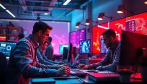 Espace de travail dynamique illustrant des professionnels utilisant des outils de génération d'images par IA, mettant en avant la créativité et la technologie.
