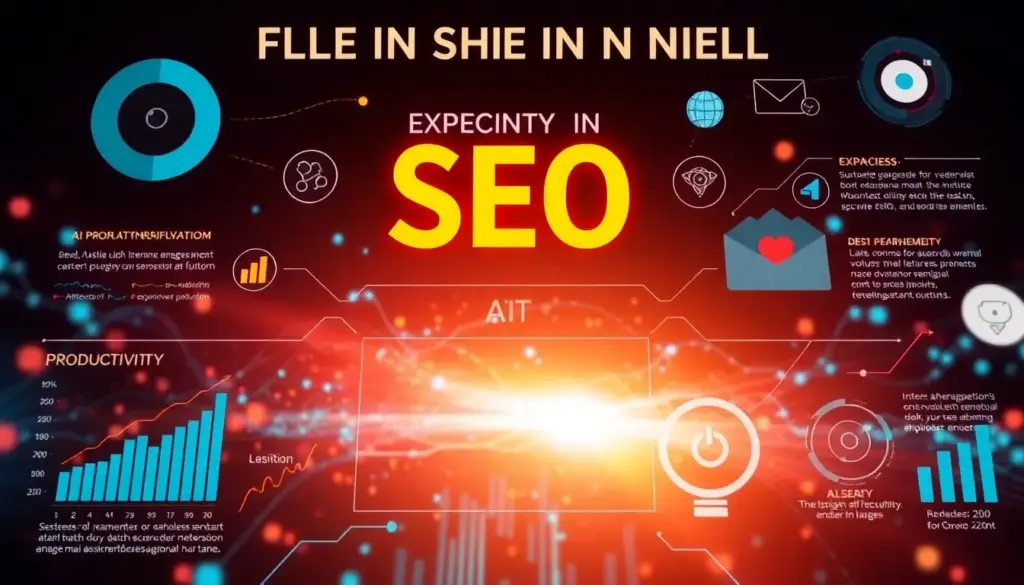 Infographie colorée illustrant l'impact de l'IA sur le SEO, avec des éléments graphiques modernes et des représentations d'analytique.