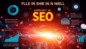 Infographie colorée illustrant l'impact de l'IA sur le SEO, avec des éléments graphiques modernes et des représentations d'analytique.