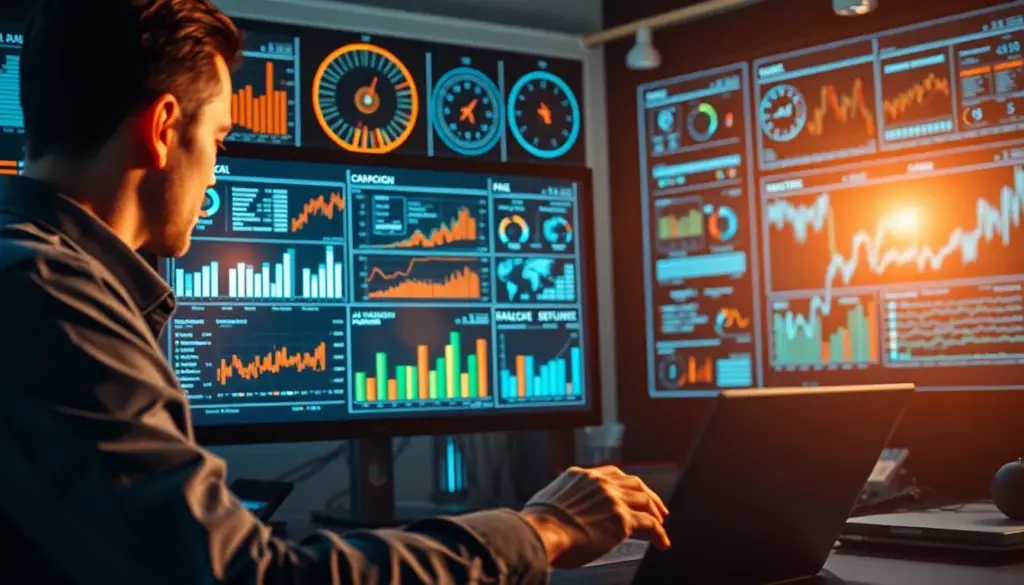 Professionnel du marketing analysant des données de campagne sur un écran, soulignant l'impact de l'IA dans le marketing digital.