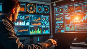 Professionnel du marketing analysant des données de campagne sur un écran, soulignant l'impact de l'IA dans le marketing digital.