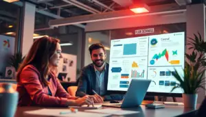 Professionnels collaborant sur des outils de création d'infographies, illustrant l'importance des technologies IA pour le marketing digital.