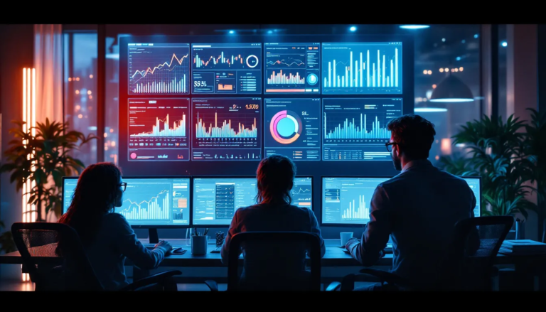 Bureau moderne avec une équipe analysant des données sur des écrans, illustrant l'utilisation de l'IA pour les stratégies marketing.