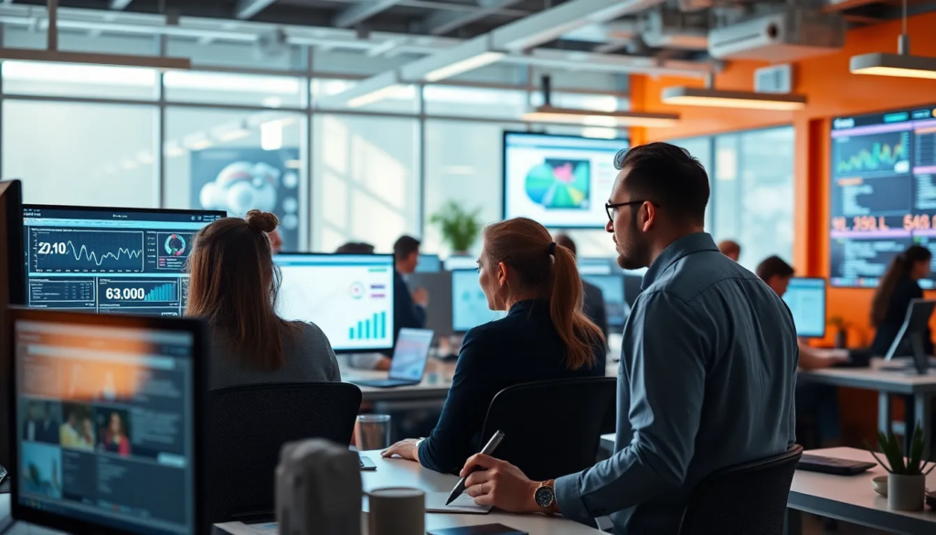 Bureau de marketing animé avec des professionnels analysant des données et utilisant des outils d'IA pour l'automatisation et l'analyse de performances.