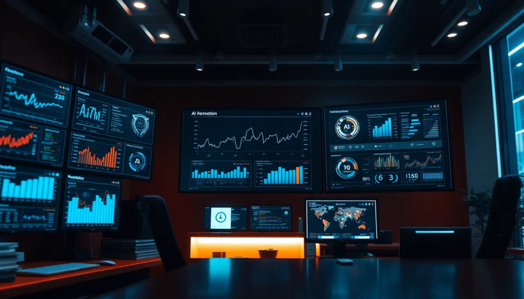 Environnement de marketing numérique avec écrans affichant des analyses et des outils automatisés, illustrant l'innovation d'une stratégie marketing basée sur l'IA.