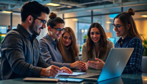 Équipe marketing travaillant sur des outils d'IA dans un bureau dynamique, illustrant la personnalisation et l'optimisation des campagnes.