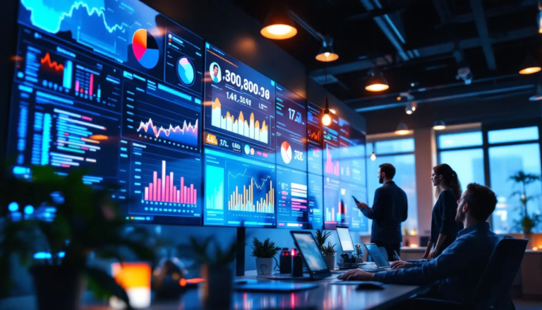Équipe de marketing digital analysant des données clients avec des outils IA, représentant l'innovation dans le marketing personnalisé.