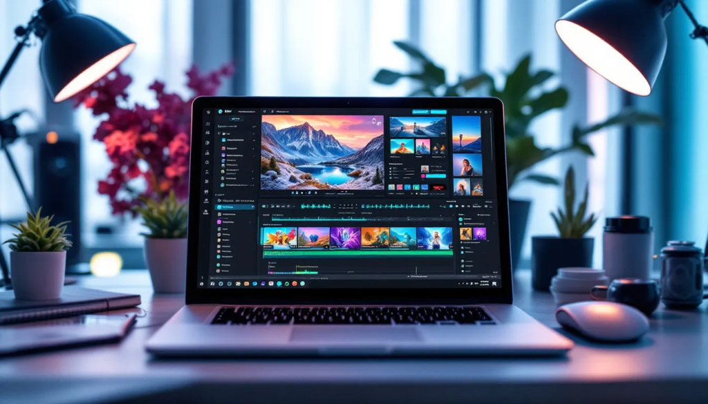 Espace de travail dynamique pour créateur TikTok, mettant en avant un logiciel de montage, des images vives et des outils d'IA.