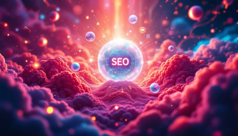 Infographie moderne illustrant l'analyse des mots-clés SEO et la génération de contenu multimédia avec des outils d'intelligence artificielle.