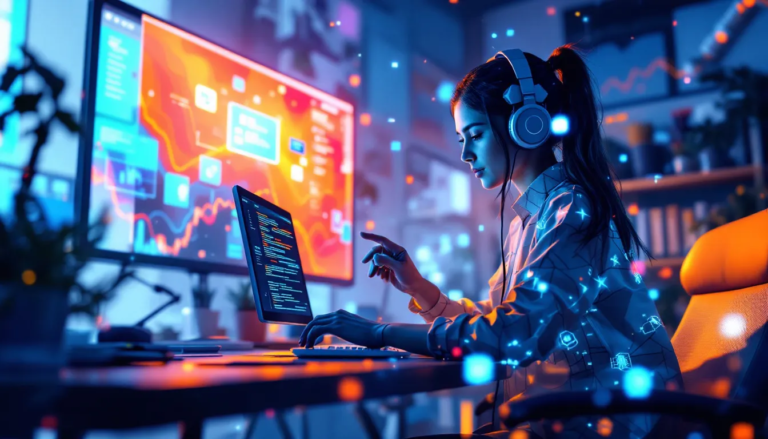 Personne utilisant des outils IA dans un bureau moderne, illustrant l'innovation de l'IA générative pour la création de contenu.
