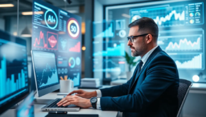 Professionnel du marketing digital analysant des données avec des outils IA dans un bureau moderne.