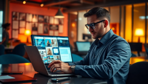 Professionnel du marketing digital utilisant des outils IA dans un bureau moderne, avec des visuels de posts sur les réseaux sociaux.