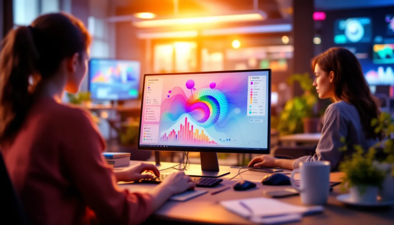 Utilisateurs créant des infographies avec Piktochart AI et MyMap.AI dans un bureau moderne, illustrant la simplicité et l'efficacité des outils.
