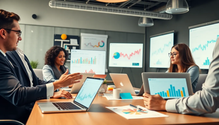 Professionnels en réunion analysant des outils IA sur des ordinateurs modernes, illustrant l'innovation dans les stratégies marketing.