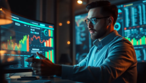 Stratégiste en marketing digital analysant des données sur écran, illustrant l'utilisation de l'IA pour optimiser le ciblage et la personnalisation.