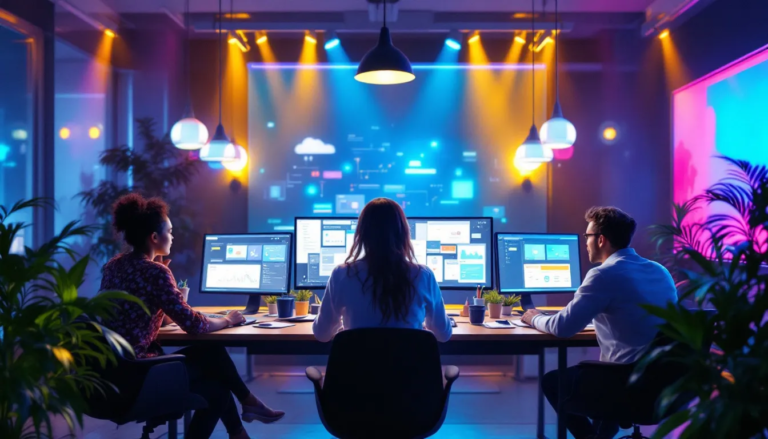 Bureau moderne avec des professionnels utilisant des outils d'automatisation IA, comme Zapier et Salesloft, pour augmenter la productivité.