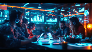 Équipe marketing en bureau moderne utilisant des outils IA, illustrant l'optimisation des campagnes publicitaires.